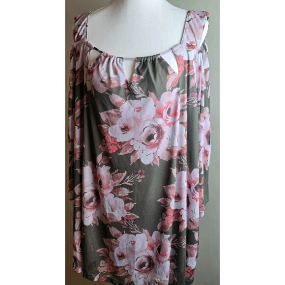 Catherines Top Womens Plus 3X 26/28W Green Floral Print Cold Shoulder Blouse EUC - Picture 1 of 7